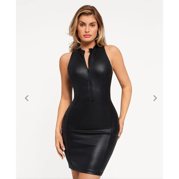 Popilush Dresses & Skirts - NEW Popilush Shapewear Sculpting Faux Leather Zip-Front Midi Dress Black Large